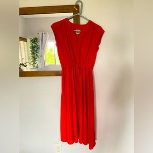 Pinkish red midi dress with draw string waist and cute buttons